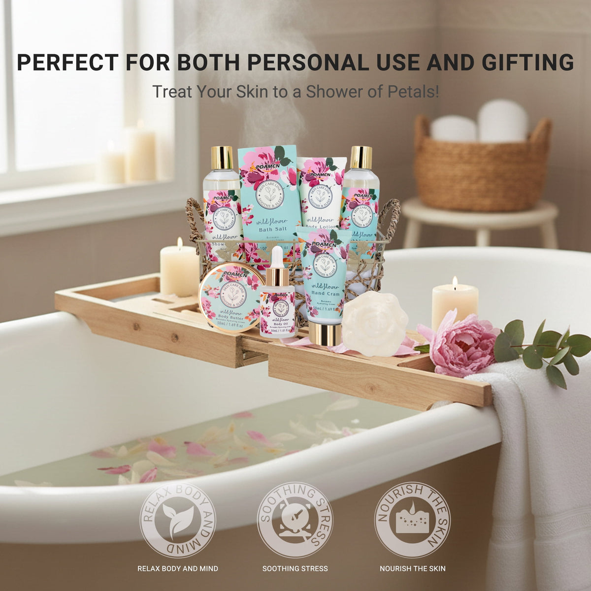 Poamcn Bath and Body Gift Set,Home Spa Gift Basket Kit for Women,Japanese Cherry Blossom Scent,9 Piece