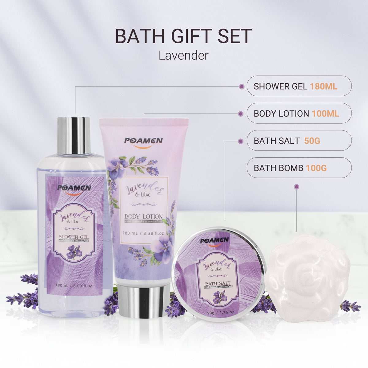 Poamcn Bath and Body Gift Set, Lavender Scent, 4-Piece Home Spa Gift Kits for Women