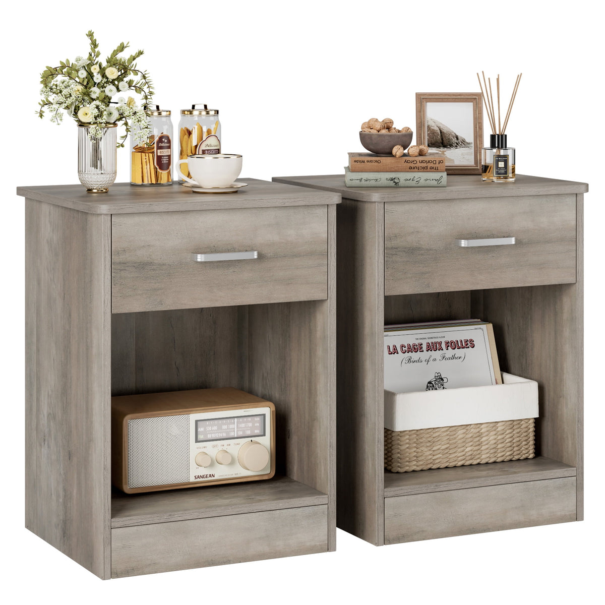POAMCN 2-Tier Nightstand with Drawer & Storage Shelf, Side End Table for Bedroom Living Room Set of 2, Gray
