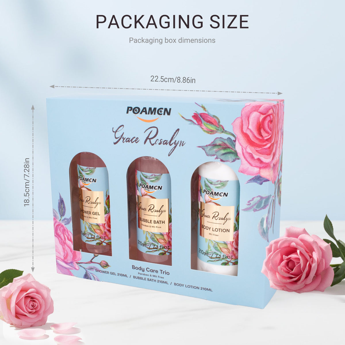Poamcn Bath and Body Gift Set,Home Spa Gift Set for Women,Rose Scent,3 Piece Set