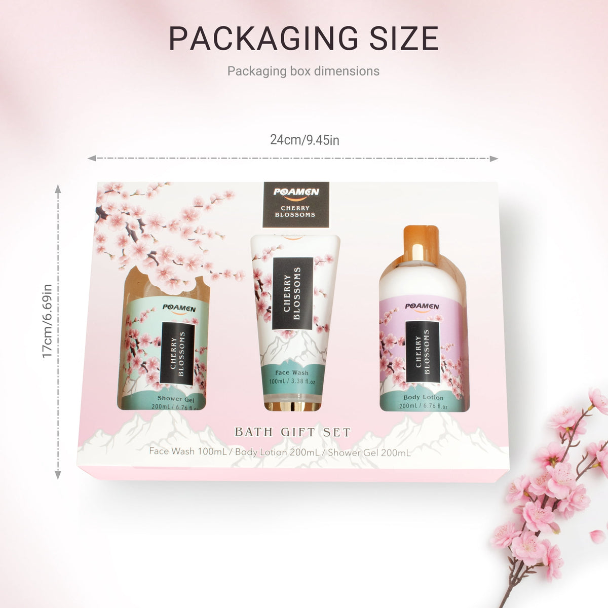 Poamcn Bath and Body Gift Set,Home Spa Gift Kit for Women,Japanese Cherry Blossom Scent,3 Piece