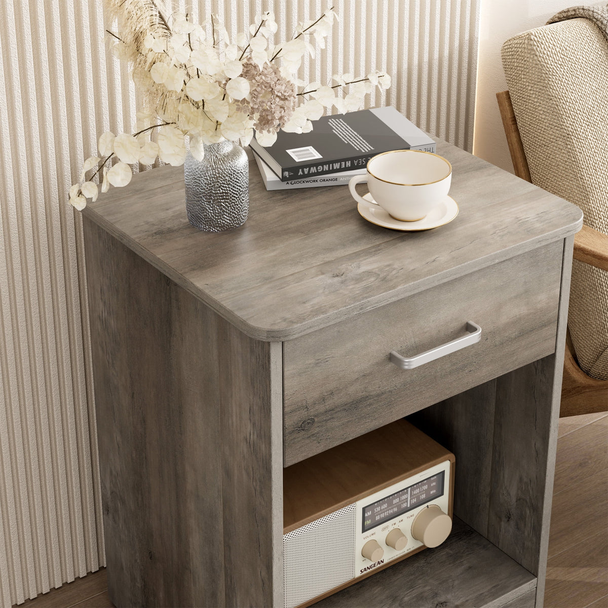 POAMCN 2-Tier Nightstand with Drawer & Storage Shelf, Side End Table for Bedroom Living Room Set of 2, Gray