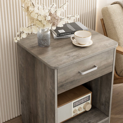 POAMCN 2-Tier Nightstand with Drawer & Storage Shelf, Side End Table for Bedroom Living Room Set of 2, Gray