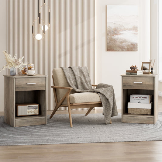 POAMCN 2-Tier Nightstand with Drawer & Storage Shelf, Side End Table for Bedroom Living Room Set of 2, Gray
