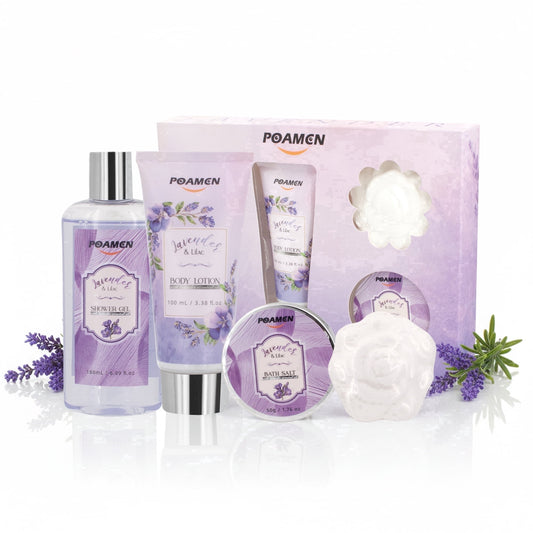 Poamcn Bath and Body Gift Set, Lavender Scent, 4-Piece Home Spa Gift Kits for Women