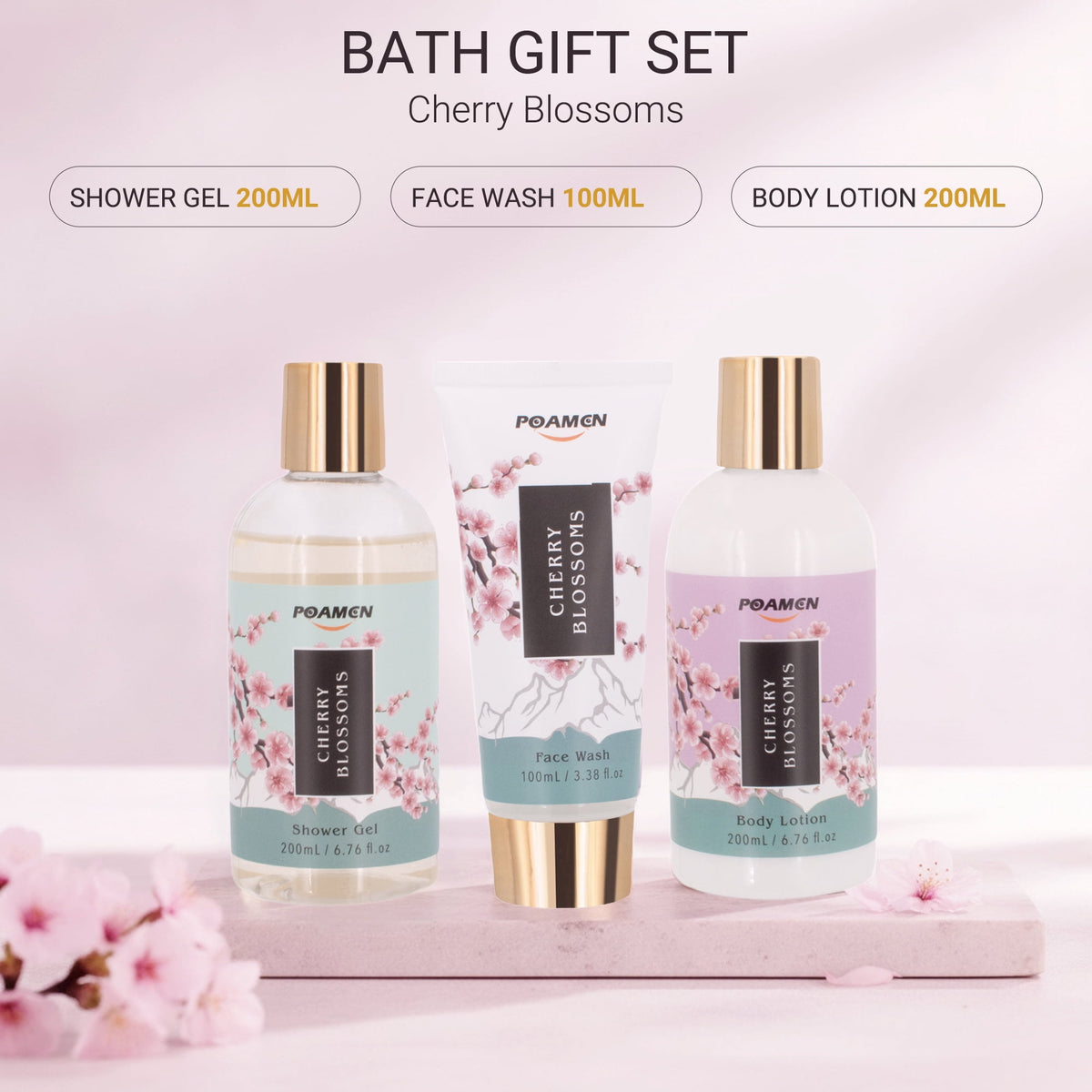 Poamcn Bath and Body Gift Set,Home Spa Gift Kit for Women,Japanese Cherry Blossom Scent,3 Piece