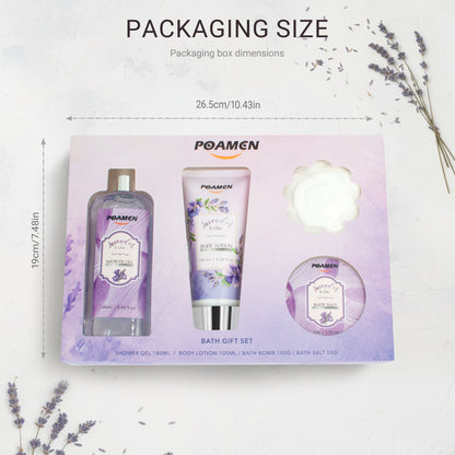 Poamcn Bath and Body Gift Set, Lavender Scent, 4-Piece Home Spa Gift Kits for Women
