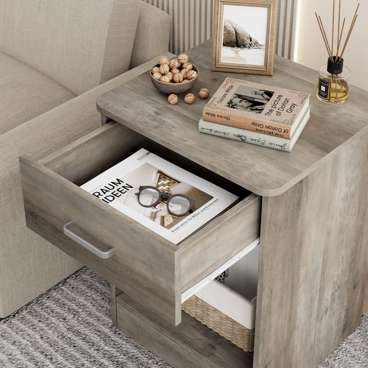 POAMCN 2-Tier Nightstand with Drawer & Storage Shelf, Side End Table for Bedroom Living Room Set of 2, Gray