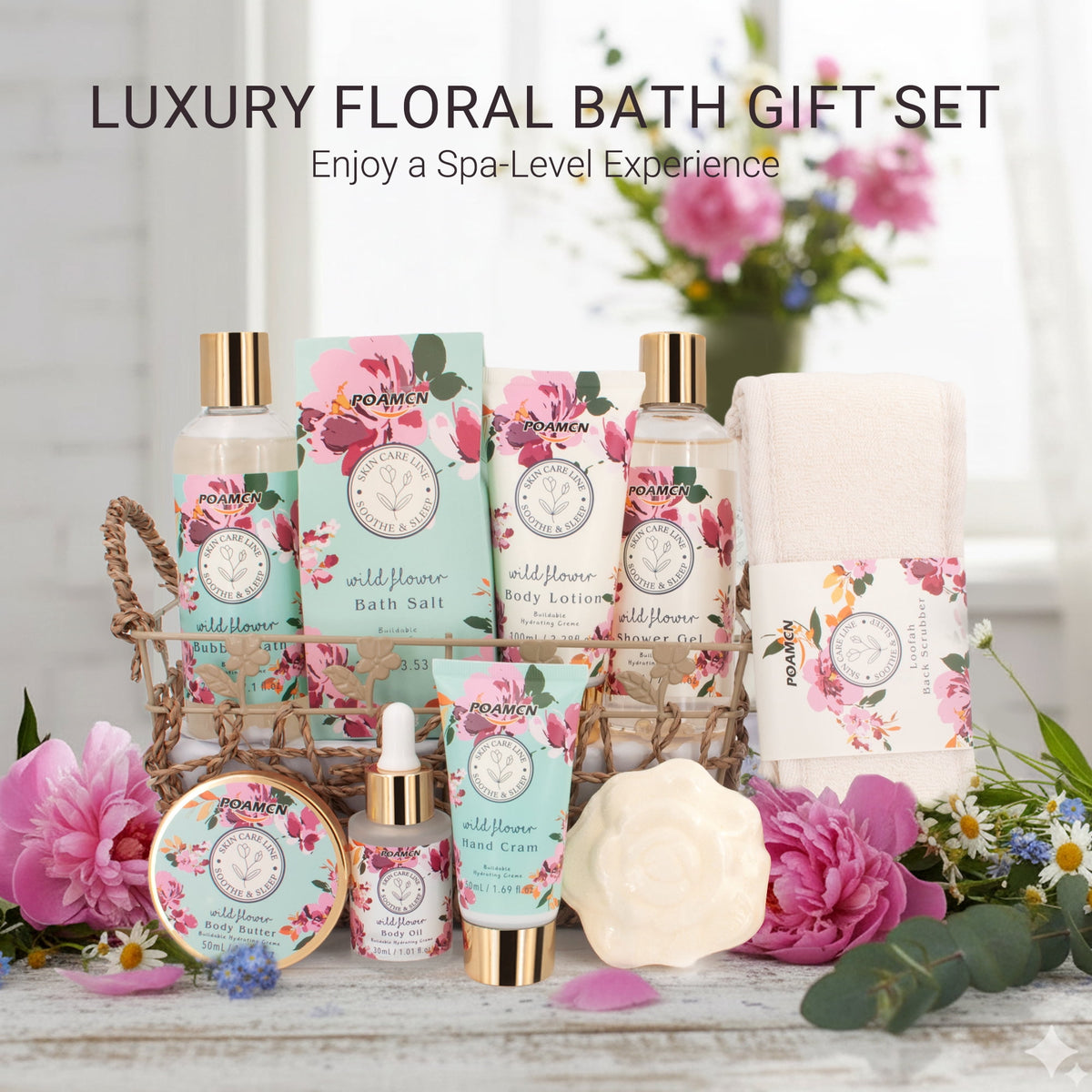 Poamcn Bath and Body Gift Set,Home Spa Gift Basket Kit for Women,Japanese Cherry Blossom Scent,9 Piece